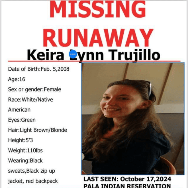 Missing runaway poster for Keira Lynn Trujillo with photo and details.