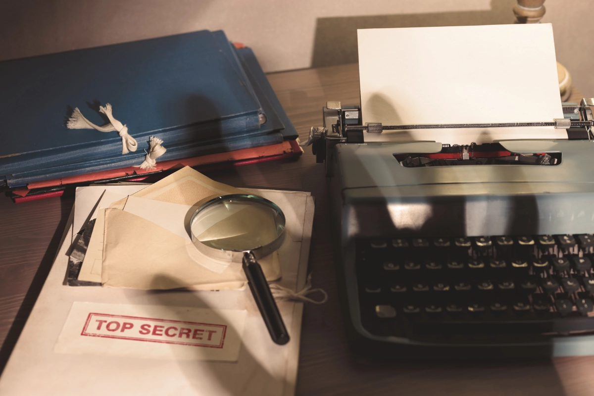 Typewriter and top secret documents on desk.
