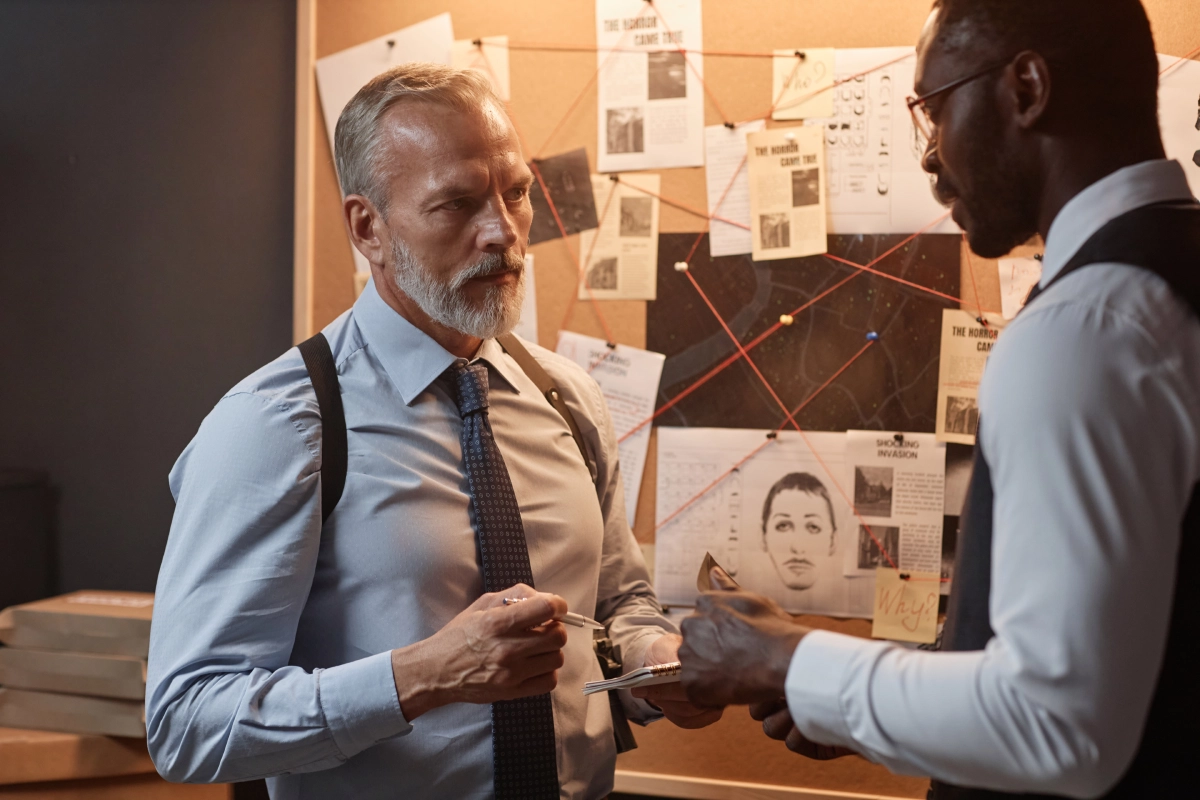 Two detectives discussing case evidence board.